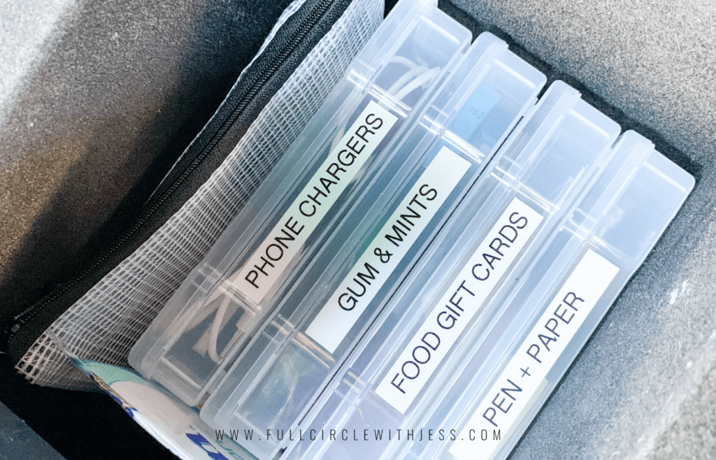 car organization kid, Glove compartment organized with clear zipper pouches and labels