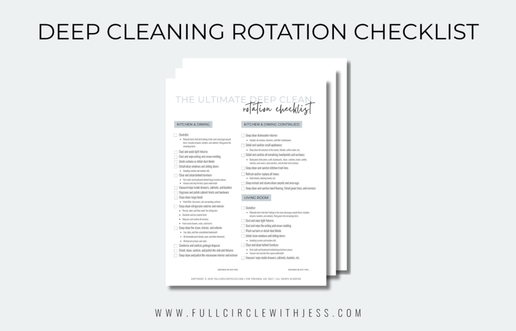 Woman organizing a clean kitchen with the Complete Home Cleaning System checklists.