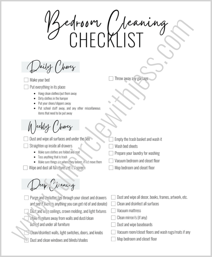 bedroom cleaning checklist for teens