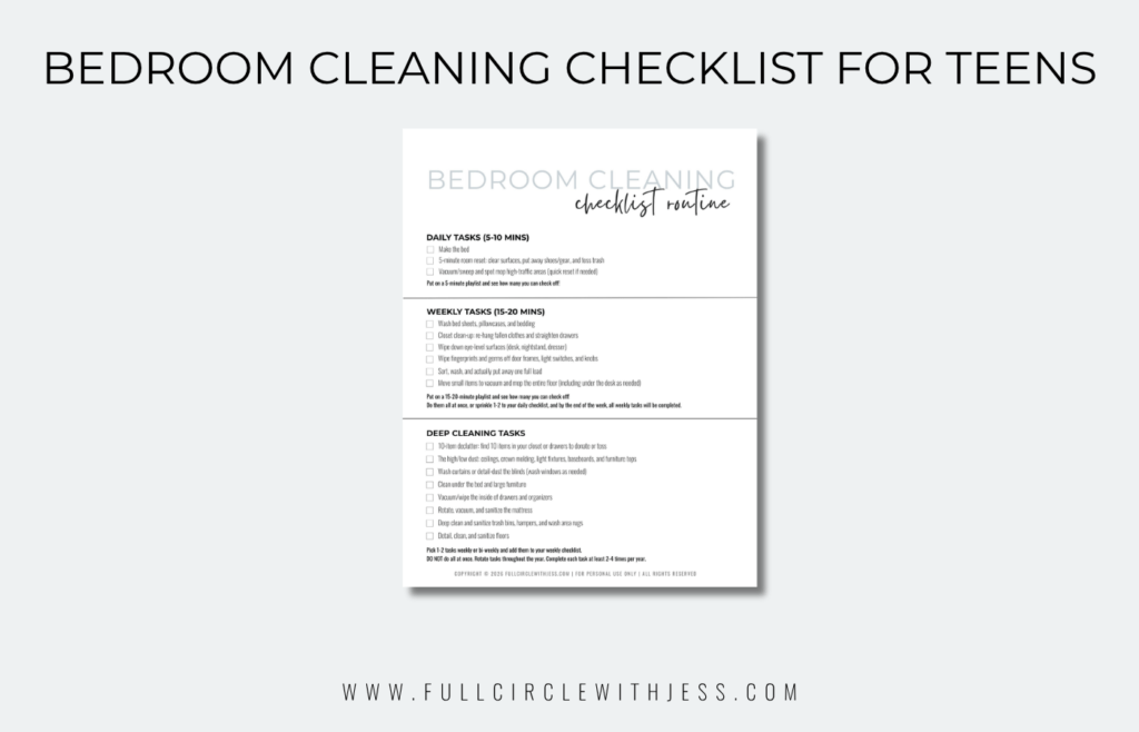 Free printable bedroom cleaning checklist for teens featuring daily, weekly, and deep cleaning tasks.
