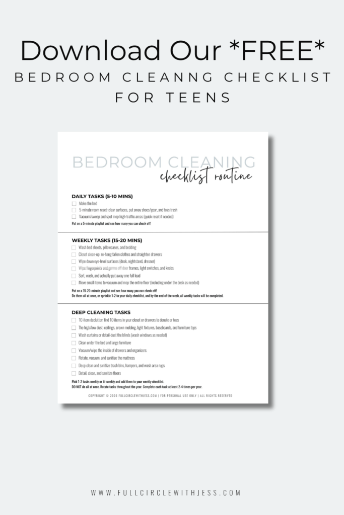 Free printable bedroom cleaning checklist for teens featuring a three-layer system with daily resets, weekly maintenance, and deep cleaning tasks.