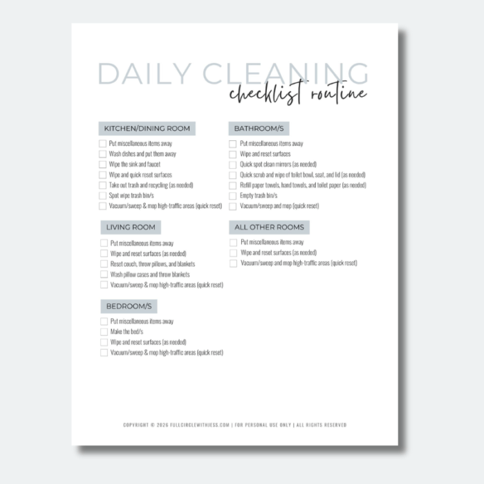 Printable daily cleaning tasks for home management and home reset.