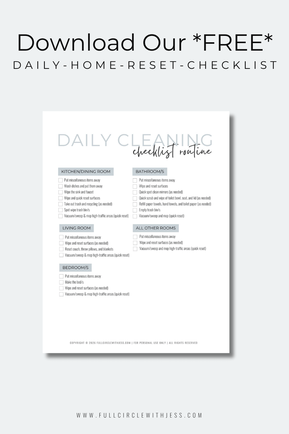 Printable daily cleaning tasks for home management and home reset.