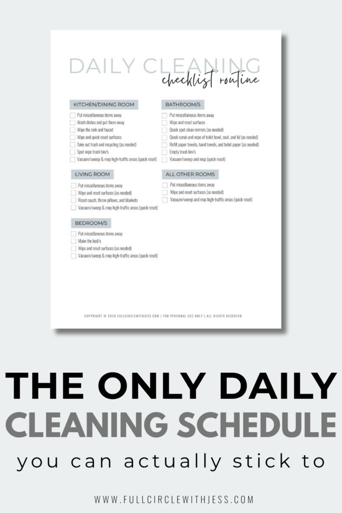 A vertical Pinterest graphic showing a daily home reset checklist for busy moms
