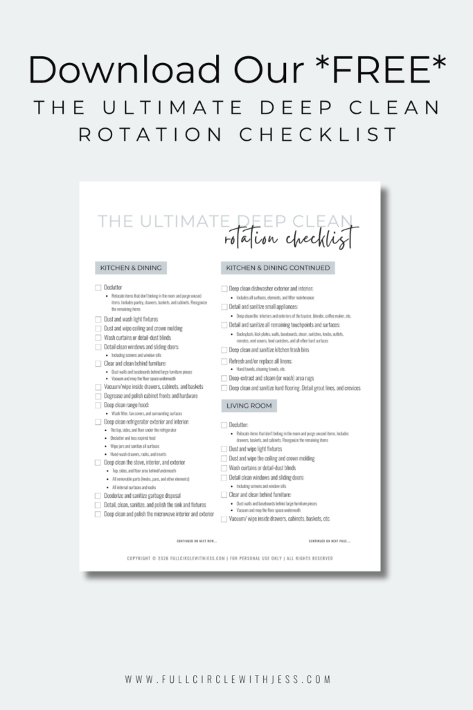 Printable Deep Cleaning Checklist PDF showing room-by-room tasks for kitchen and living room.
