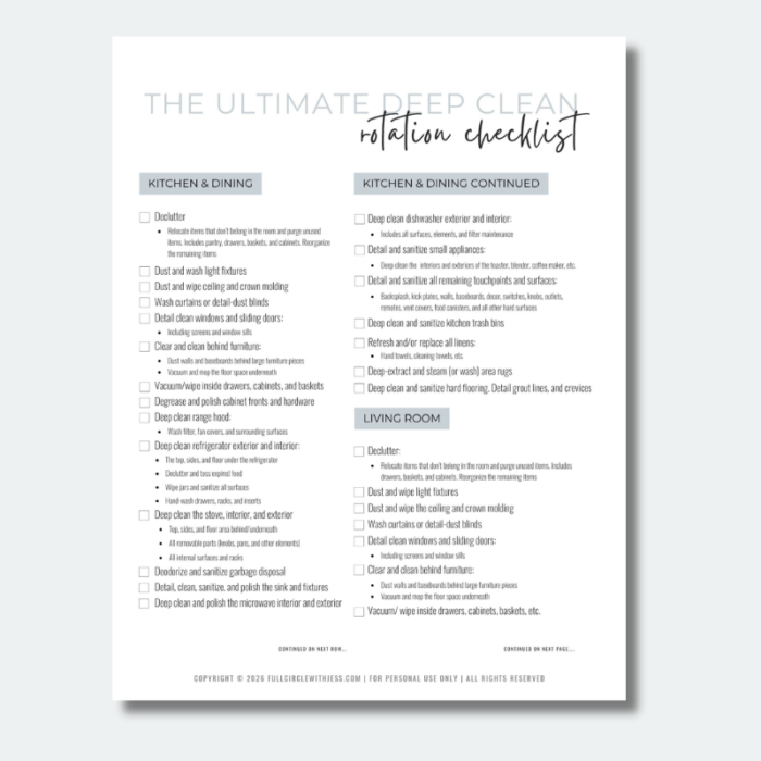 Stop the cleaning burnout with a realistic room-by-room deep cleaning checklist. Learn how to rotate heavy-duty tasks into your weekly routine using the 3-layer Full Circle System for a home that stays clean year-round.