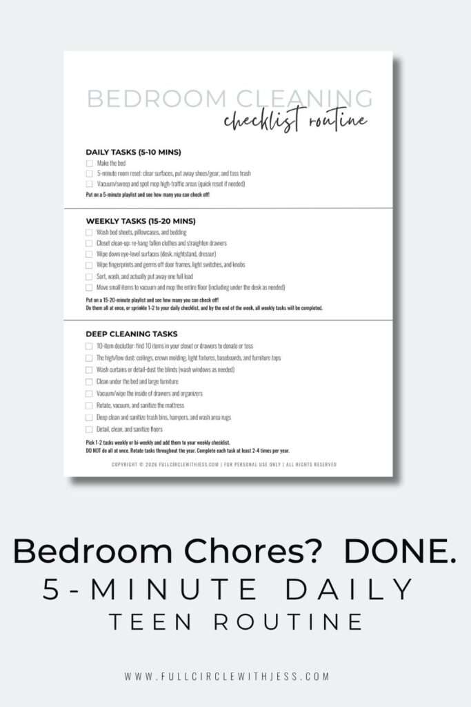 Free printable bedroom cleaning checklist for teens, showing a realistic three-layer system with daily resets and weekly maintenance tasks.